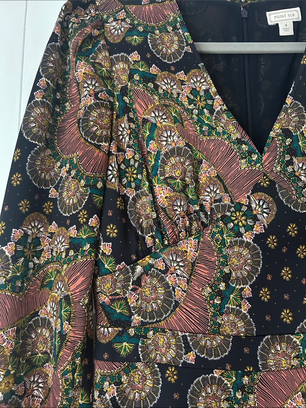 Point Sur for JCrew Black Paisley Wrap Maxi Dress with Salmon and Green Print 4